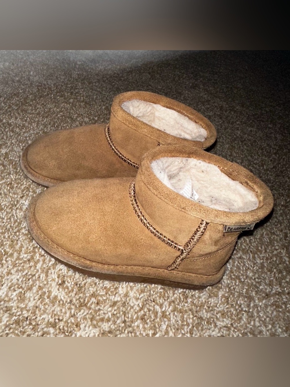 BearPaw Kids Tan Suede Shearling-Lined Slip-On Slippers